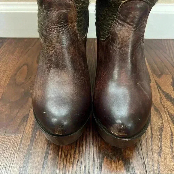 BED STU Bruges Teak Rustic Brown Leather Bootie Boots Slouch Wooden Wedge Sz 7.5 - Picture 6 of 16